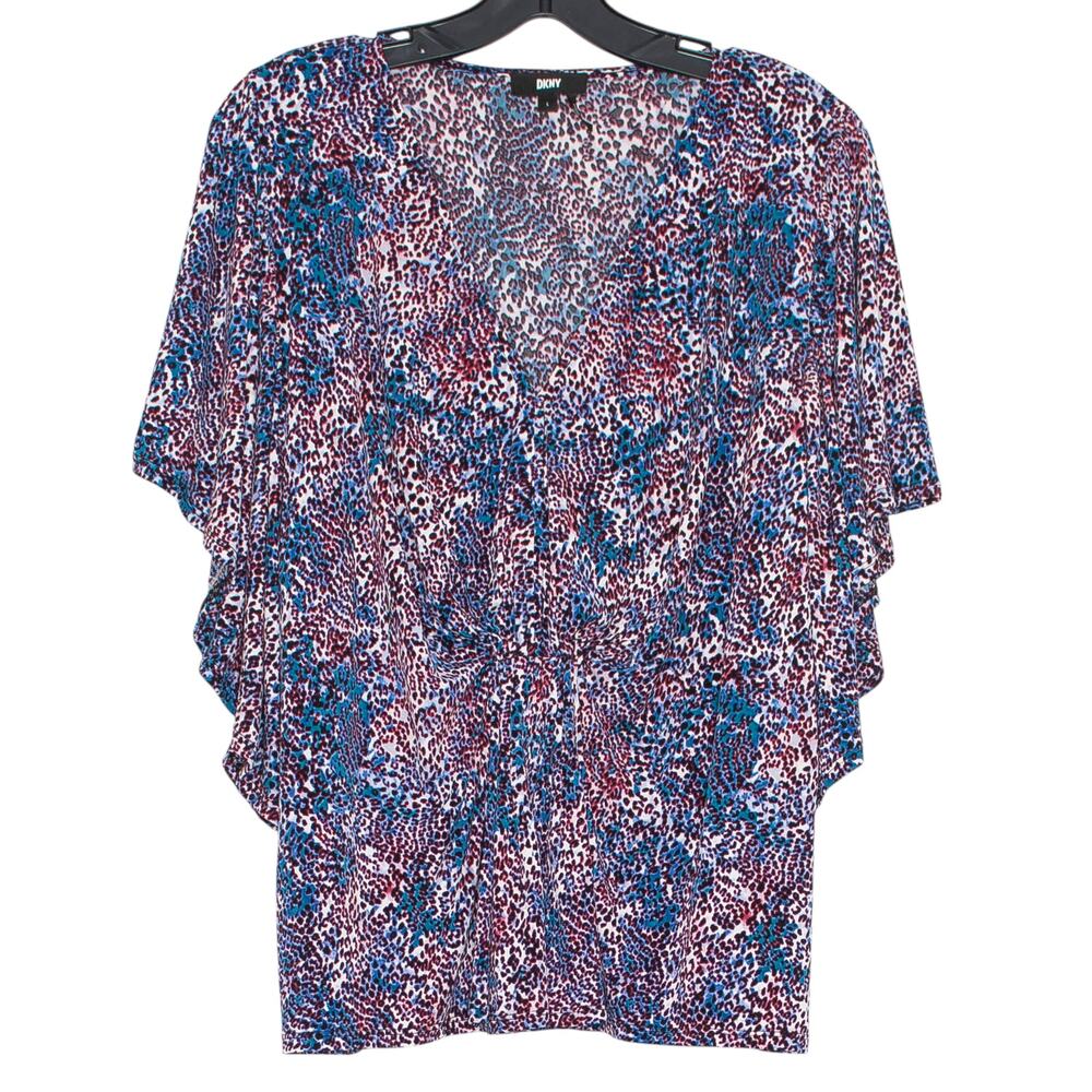 DKNY Boho Flowy Top Leopard Animal Print Abstract V Neck Kimono Sleeve L Resort